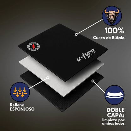 Infografía del shammy u-turn con doble capa de cuero de búfalo y relleno esponjoso 