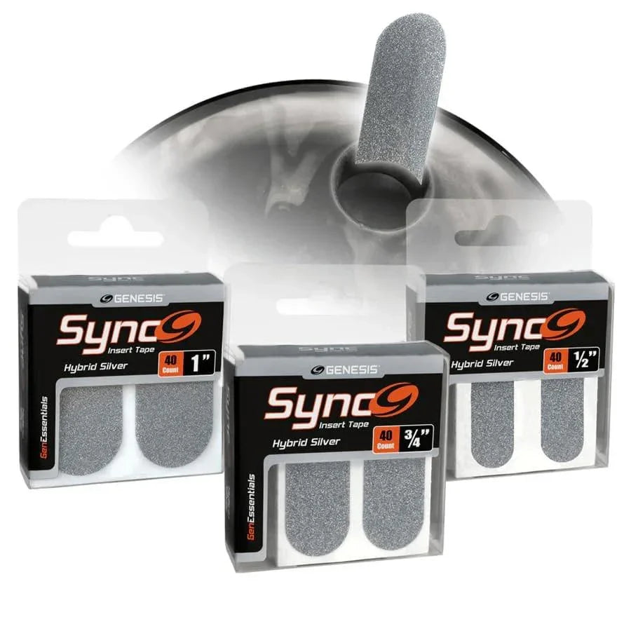 Colección de Cintas de Inserción Sync Hybrid Silver en diferentes medidas (1", 3/4" y 1/2") con detalle de aplicación en el agujero del Pulgar de La Bola de Bowling.