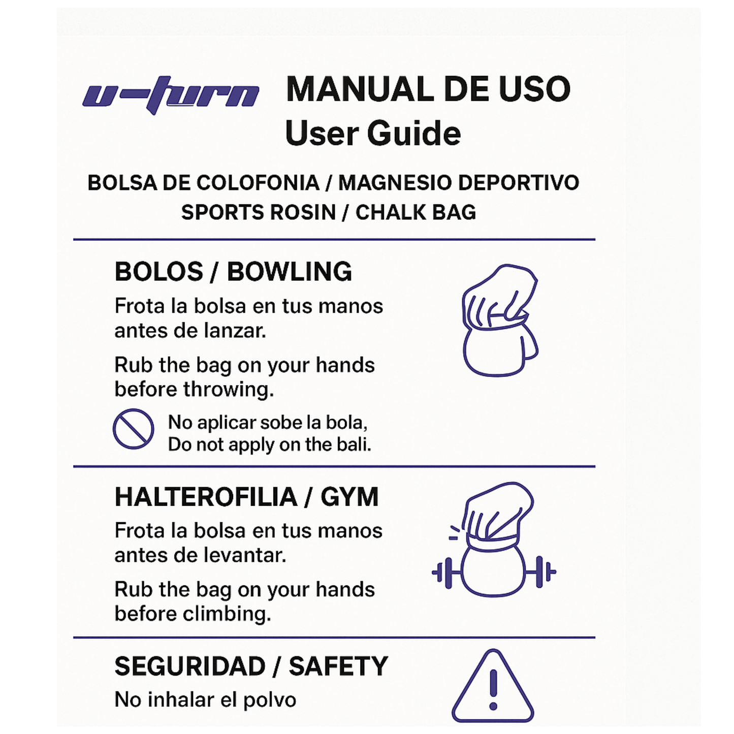 manual de uso, bolsas sport chalk antideslizante, u-turn sport